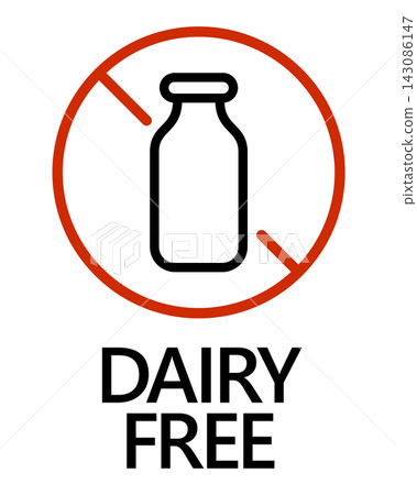 無乳製品(DAIRY FREE)禁令標誌圖示;食品和純素食標籤材料。 無乳製品(DAIRY FREE)禁令標誌圖示;食品和純素食標籤材料。 143086147