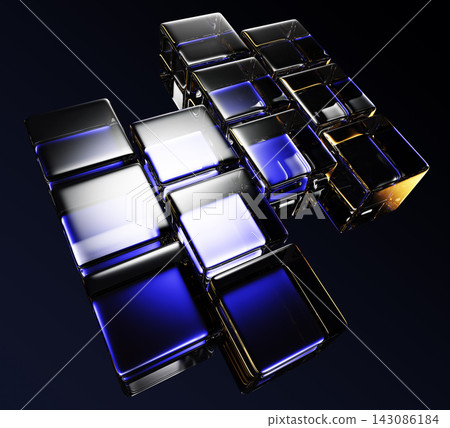 Abstract array of glowing glass cubes with blue neon light and golden reflections on dark bg. Modular 3D geometric grid structure, data storage, block chain and tech server platform. 3D illustration Abstract array of glowing glass cubes with blue neon light and golden reflections on dark bg. Modular 3D geometric grid structure, data storage, block chain and tech server platform. 3D illustration 143086184