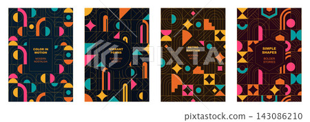 Bold Retro Geometric Poster Set with Colorful Modular Shapes, Arches, Circles and Line Patterns, Modern Nostalgia Vector Cover and Background 143086210