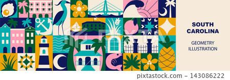 South Carolina USA Banner with Charleston Landmarks, Coastal Nature and Southern Culture Icons, Colorful Geometric Modular Background Vector Illustration South Carolina USA Banner with Charleston Landmarks, Coastal Nature and Southern Culture Icons, Colorful Geometric Modular Background Vector Illustration 143086222