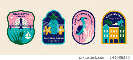 South Carolina USA Travel Sticker Set with Charleston Bridge, Heron, Pineapple and Southern Culture Symbols, Colorful Retro Badge and Patch Vector South Carolina USA Travel Sticker Set with Charleston Bridge, Heron, Pineapple and Southern Culture Symbols, Colorful Retro Badge and Patch Vector 143086223