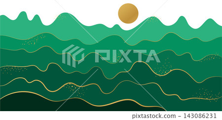 Abstract Green Landscape Background with Gold Wavy Stripes and Sun, Nature Inspired Luxury Vector Artwork, Hand-drawn Poster in a Japanese style Abstract Green Landscape Background with Gold Wavy Stripes and Sun, Nature Inspired Luxury Vector Artwork, Hand-drawn Poster in a Japanese style 143086231