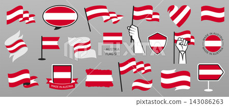 Austrian Flags and National Badges Vector Set in Different Styles with Ribbons, Shields, Emblems and Hand Holding Banners Austrian Flags and National Badges Vector Set in Different Styles with Ribbons, Shields, Emblems and Hand Holding Banners 143086263