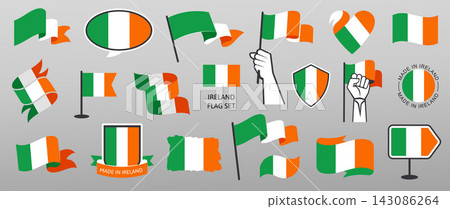 Irish Flags and National Badges Vector Set in Different Styles with Ribbons, Shields, and Hand Holding Banners Irish Flags and National Badges Vector Set in Different Styles with Ribbons, Shields, and Hand Holding Banners 143086264