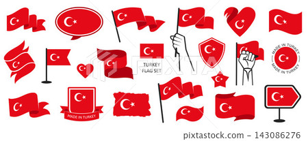 Turkish Symbols and National Badges Vector Set in Different Styles with Ribbons, Shields, Banners and Holding Flags 143086276
