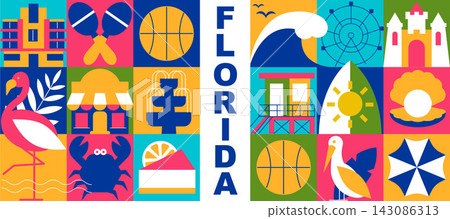 Florida Flat Geometric Mosaic Banner Templates with Tropical Nature, Travel Symbols, Modular Pattern for Social Media, Cards and Modular Minimalist Vector Illustration 143086313