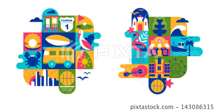 Florida Compositions. Travel Icon Set with Tropical Nature, Beaches, Tourism Symbols, Flat Geometric Minimalist Vectors, Modular Design Elements 143086315