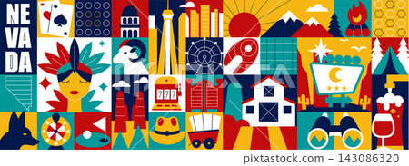 Nevada and Las Vegas Geometric Mosaic Banner with Casino, Travel and Retro Neon Symbols, Modular Pattern, Flat Vector Design Nevada and Las Vegas Geometric Mosaic Banner with Casino, Travel and Retro Neon Symbols, Modular Pattern, Flat Vector Design 143086320
