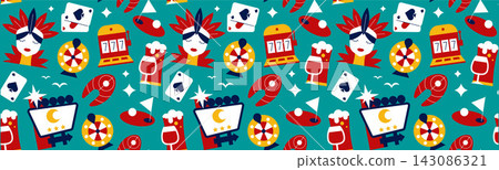 Nevada and Las Vegas Geometric Seamless Pattern with Casino, Travel and Retro Symbols, Flat Vector Background Nevada and Las Vegas Geometric Seamless Pattern with Casino, Travel and Retro Symbols, Flat Vector Background 143086321