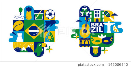 Brazil Compositions. Travel Icon Set with Nature, Culture, Food and Tourism Symbols, Geometric Brazilian Vector Designs Brazil Compositions. Travel Icon Set with Nature, Culture, Food and Tourism Symbols, Geometric Brazilian Vector Designs 143086340
