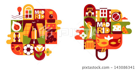 Madrid Compositions, Travel Icon Set with Spanish Architecture, Culture, Food and Tourism Symbols, Geometric Vector Designs Madrid Compositions, Travel Icon Set with Spanish Architecture, Culture, Food and Tourism Symbols, Geometric Vector Designs 143086341