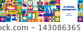 Florida Geometric Seamless Pattern and Banner with Travel, Holiday and Vacation Symbols, Tropical Nature, Wildlife, Beach and Tourism Mosaic Elements, Vector Illustration 143086365