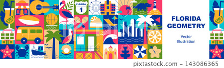 Florida Geometric Seamless Pattern and Banner with Travel, Holiday and Vacation Symbols, Tropical Nature, Wildlife, Beach and Tourism Mosaic Elements, Vector Illustration Florida Geometric Seamless Pattern and Banner with Travel, Holiday and Vacation Symbols, Tropical Nature, Wildlife, Beach and Tourism Mosaic Elements, Vector Illustration 143086365