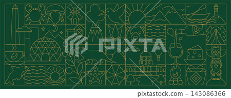 Washington Geometric Line Art Banner and Seamless Pattern with Nature, Forest, Wildlife and Travel Symbols, Art Deco Mosaic Vector Illustration 143086366