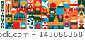 Washington State Geometric Seamless Pattern and Banner with Travel, Holiday and Vacation Symbols, Nature, Architecture, Wildlife and Tourism Mosaic Elements, Colorful Vector Illustration 143086368
