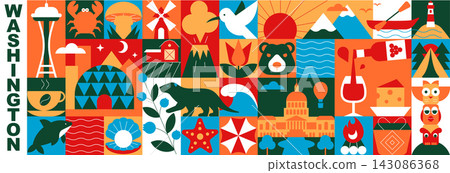 Washington State Geometric Seamless Pattern and Banner with Travel, Holiday and Vacation Symbols, Nature, Architecture, Wildlife and Tourism Mosaic Elements, Colorful Vector Illustration Washington State Geometric Seamless Pattern and Banner with Travel, Holiday and Vacation Symbols, Nature, Architecture, Wildlife and Tourism Mosaic Elements, Colorful Vector Illustration 143086368