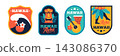 Hawaii Retro Badge Set, Geometric Flat Design Stickers, Patches and Labels with Tropical Symbols, Nature, Surf and Travel Elements, Vector Illustration 143086370