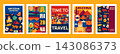 Mosaic Geometric Arizona Poster Set with Travel, Vacation, Desert Culture, Nature, Architecture and Abstract Icons, Lettering, Patterns. Vector Design Templates 143086373