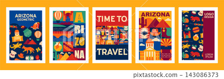 Mosaic Geometric Arizona Poster Set with Travel, Vacation, Desert Culture, Nature, Architecture and Abstract Icons, Lettering, Patterns. Vector Design Templates Mosaic Geometric Arizona Poster Set with Travel, Vacation, Desert Culture, Nature, Architecture and Abstract Icons, Lettering, Patterns. Vector Design Templates 143086373