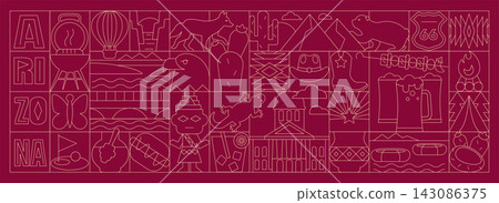 Arizona Geometric Line Art Banner and Pattern with Travel Symbols, Desert Culture, Nature, Architecture and Tourism Icons, Art Deco Mosaic Vector Illustration Arizona Geometric Line Art Banner and Pattern with Travel Symbols, Desert Culture, Nature, Architecture and Tourism Icons, Art Deco Mosaic Vector Illustration 143086375