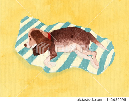 Sleeping Basset Hound Puppy on Striped Blanket Watercolor Illustration Sleeping Basset Hound Puppy on Striped Blanket Watercolor Illustration 143086696