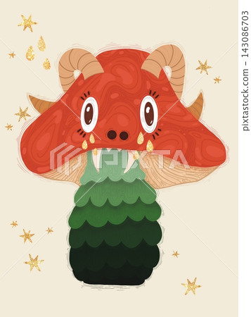 Cute Horned Mushroom Monster Illustration with Golden Glitter Stars and Tears Cute Horned Mushroom Monster Illustration with Golden Glitter Stars and Tears 143086703