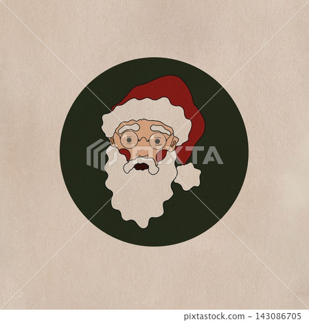Santa Claus Face Illustration in Dark Green Circle on Beige Textured Background Santa Claus Face Illustration in Dark Green Circle on Beige Textured Background 143086705
