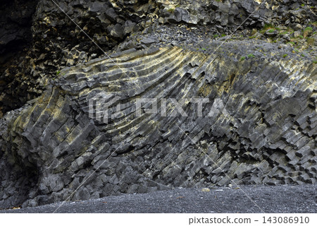 Intricate texture of volcanic basalt columns on Reynisfjall mountain Iceland Intricate texture of volcanic basalt columns on Reynisfjall mountain Iceland 143086910