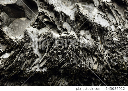Sharp jagged textures of weathered volcanic basalt columns, Iceland Sharp jagged textures of weathered volcanic basalt columns, Iceland 143086912