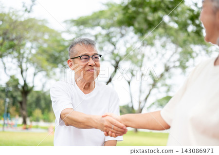 Senior Couple Handshake Smile Outdoor Park Wellness. Senior Couple Handshake Smile Outdoor Park Wellness. 143086971