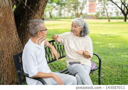 Senior Couple Talking Gestures Bench Outdoor Park. Senior Couple Talking Gestures Bench Outdoor Park. 143087011