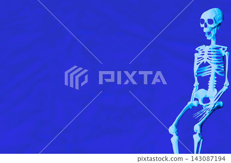 Glowing light funny skeleton portrait on blue Glowing light funny skeleton portrait on blue 143087194