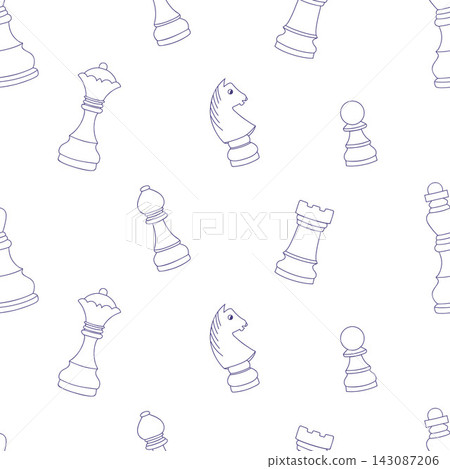 Outline Chess Pieces Seamless Pattern Doodle. Strategy Game Figures Pawn Knight Bishop Rook Queen King Hand Drawn on White Background. Vector Illustration. Line coloring Texture for Packaging Wrapping 143087206