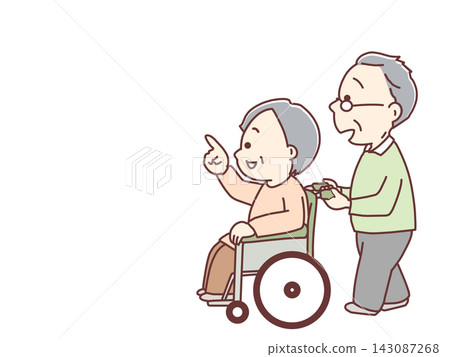 An elderly person in a wheelchair pointing upwards. An elderly person in a wheelchair pointing upwards. 143087268