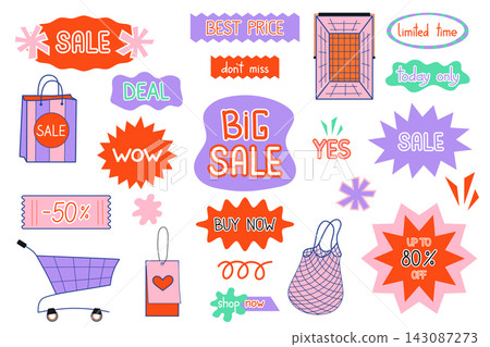 Sale promotion graphics and stickers vector set. Colorful playful retail elements, discount symbols, hand written call to action lettering for seasonal marketing campaign, Black Friday advertising Sale promotion graphics and stickers vector set. Colorful playful retail elements, discount symbols, hand written call to action lettering for seasonal marketing campaign, Black Friday advertising 143087273