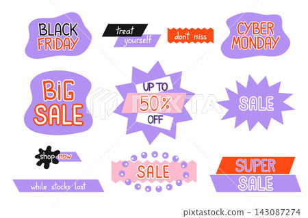 Black Friday stickers vector set. Big sale announcement badges. Bold purple retail promotion icon elements for Cyber Monday, super sale. Commerce labels for social media marketing, advertising Black Friday stickers vector set. Big sale announcement badges. Bold purple retail promotion icon elements for Cyber Monday, super sale. Commerce labels for social media marketing, advertising 143087274