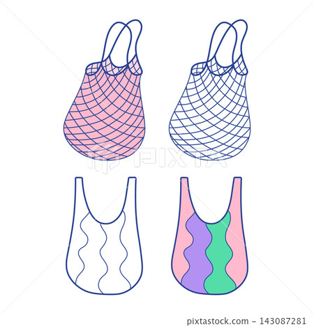 Reusable shopping bags vector set. Net mesh tote and striped shoulder shopper bag in outline and filled doodle style isolated on white background. Eco grocery bag stickers for sustainable design Reusable shopping bags vector set. Net mesh tote and striped shoulder shopper bag in outline and filled doodle style isolated on white background. Eco grocery bag stickers for sustainable design 143087281
