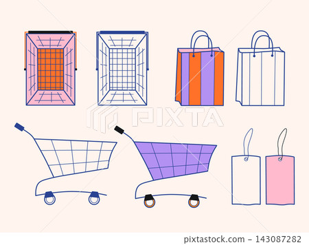 Shopping graphics vector set. Supermarket carts, shopping baskets, paper bags, price tags. Outlined and bold colored retail doodles for retail promotion, store branding, sale advertising Shopping graphics vector set. Supermarket carts, shopping baskets, paper bags, price tags. Outlined and bold colored retail doodles for retail promotion, store branding, sale advertising 143087282