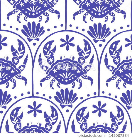 Blue seamless pattern with a whimsical nautical ornament. scale print. Blue seamless pattern with a whimsical nautical ornament. scale print. 143087284