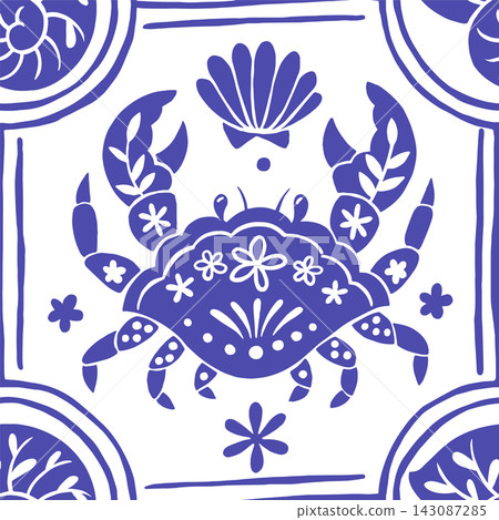 Seamless tile pattern with a whimsical Mediterranean design. blue print. Seamless tile pattern with a whimsical Mediterranean design. blue print. 143087285
