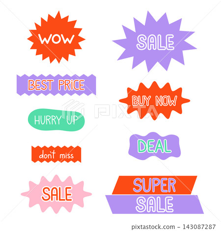 Colorful sale stickers vector set. Bold playful retail promotion badges with wow, sale, best price, hurry up, buy now, deal hand written lettering. Commerce labels and buttons for social media 143087287