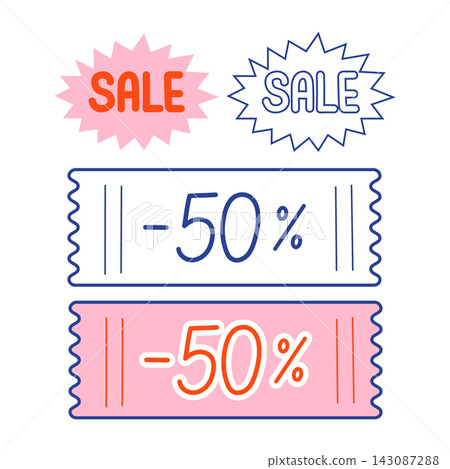 Sale sticker, promotion coupon vector set. Starburst sale label and 50 off discount ticket coupon in outline and colored doodle style isolated on white background. Retail special offer clipart Sale sticker, promotion coupon vector set. Starburst sale label and 50 off discount ticket coupon in outline and colored doodle style isolated on white background. Retail special offer clipart 143087288