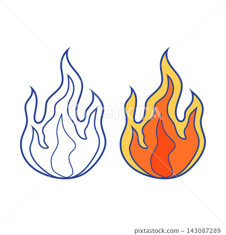 Fire flame vector illustration. Outline and colored burning flame icons isolated on white background. Hot fire symbol clipart for sale badge, special offer, tattoo, sticker, sport and energy designs 143087289