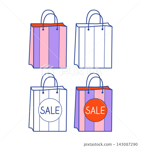 Shopping bags vector illustration set. Outline and colored striped sale paper bags doodles isolated on white background. Retail discount promotion clipart for marketing campaign, commerce advertising Shopping bags vector illustration set. Outline and colored striped sale paper bags doodles isolated on white background. Retail discount promotion clipart for marketing campaign, commerce advertising 143087290