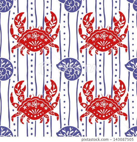 Seamless striped pattern with a whimsical Mediterranean motif. Seamless striped pattern with a whimsical Mediterranean motif. 143087505