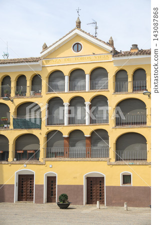 Facade of the old bullring of Tarazona with its painted pediment, Aragon, Spain Facade of the old bullring of Tarazona with its painted pediment, Aragon, Spain 143087868