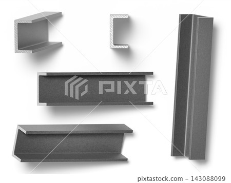 Set of steel C channel beams and structural metal profiles isolated on white bg. 3D render of U channel iron rolled products for building construction, architecture and industry. 3D illustration Set of steel C channel beams and structural metal profiles isolated on white bg. 3D render of U channel iron rolled products for building construction, architecture and industry. 3D illustration 143088099