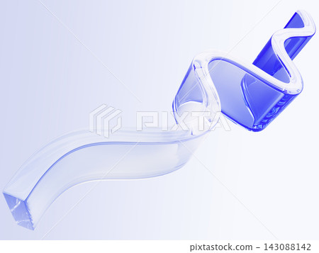 Blue transparent liquid glass wavy ribbon, abstract water wave isolated on soft background. 3D render of smooth geometric curve line for modern design, presentation, banner, cover art. 3D illustration Blue transparent liquid glass wavy ribbon, abstract water wave isolated on soft background. 3D render of smooth geometric curve line for modern design, presentation, banner, cover art. 3D illustration 143088142