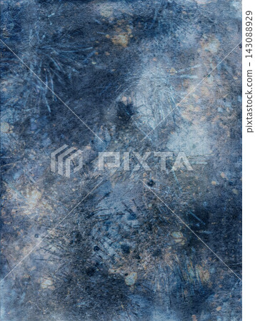 Vintage abstract watercolor paper background. Dark blue textured print with organic shapes and grungy patina, monotype printmaking. Vintage abstract watercolor paper background. Dark blue textured print with organic shapes and grungy patina, monotype printmaking. 143088929