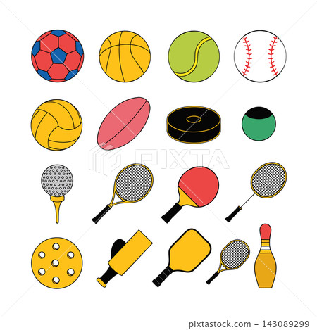 The image displays a collection of 16 different sports equipment and ball icons arranged in a grid The image displays a collection of 16 different sports equipment and ball icons arranged in a grid 143089299